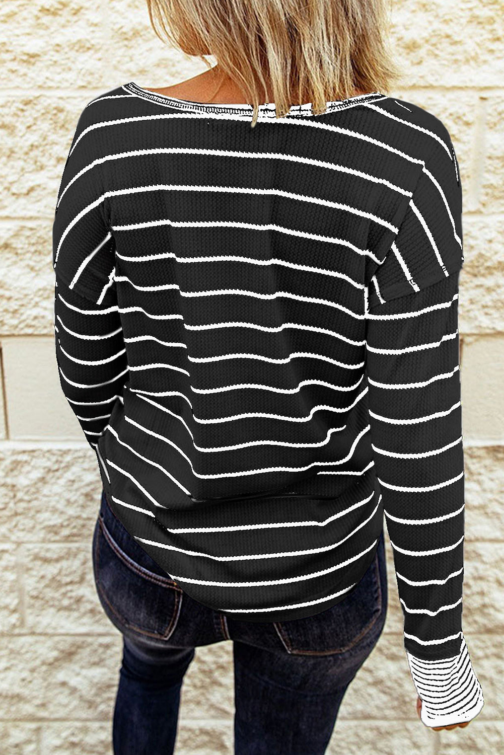 PRE-ORDER: Striped Waffle Knit Henley Long Sleeve Top