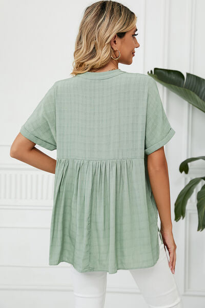 PRE-ORDER: Ruched Notched Short Sleeve Blouse