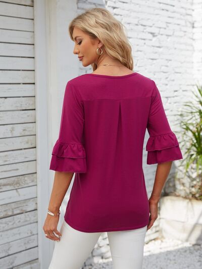 PRE-ORDER: Ruffled Suqare Neck Half Sleeve Blouse