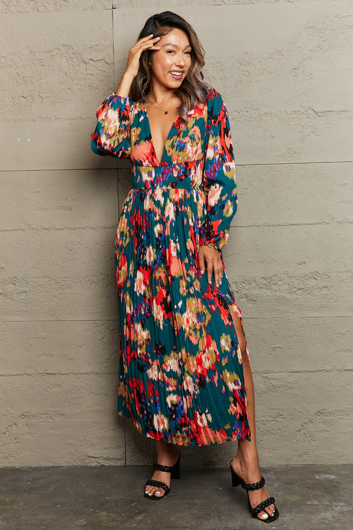 PRE-ORDER: Printed V-Neck Slit Pleated Dress