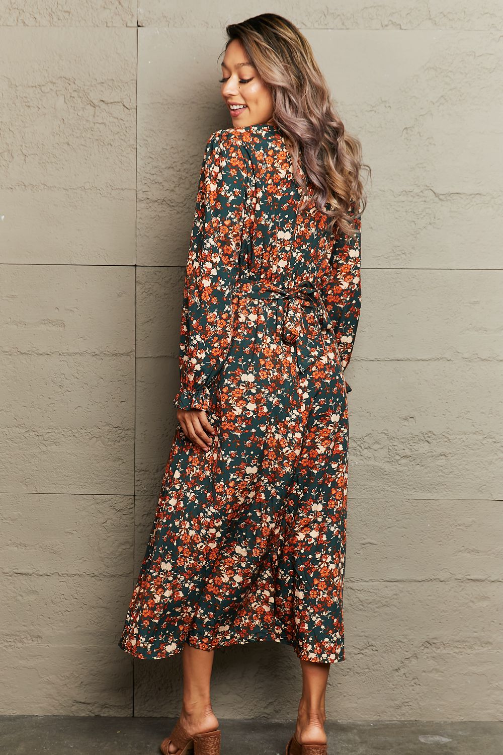 PRE-ORDER: Printed Surplice Neck Long Sleeve Dress