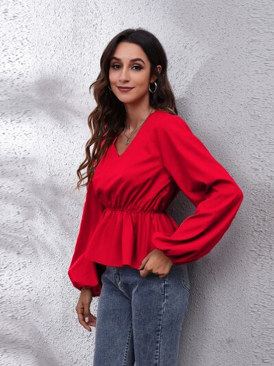 PRE-ORDER: V-Neck Balloon Sleeve Peplum Blouse