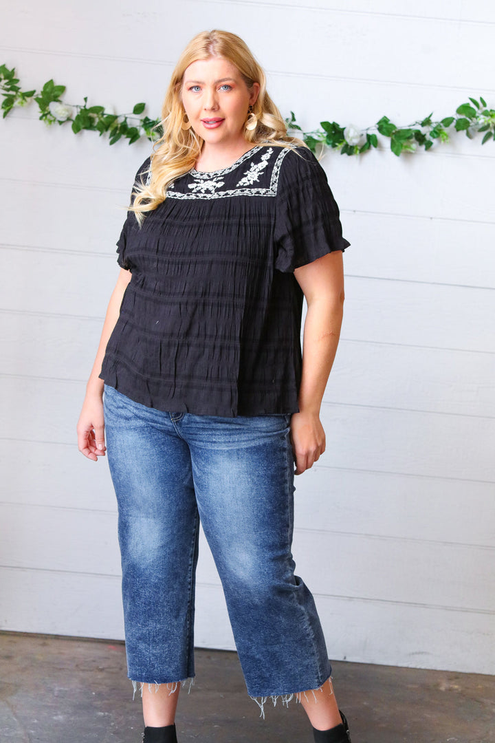 Black Embroidered Smocked Top