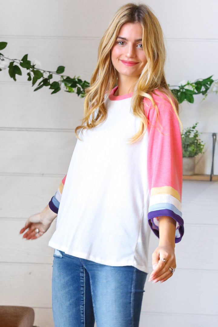 Pink Pointelle Color Block Wide Sleeve Pullover