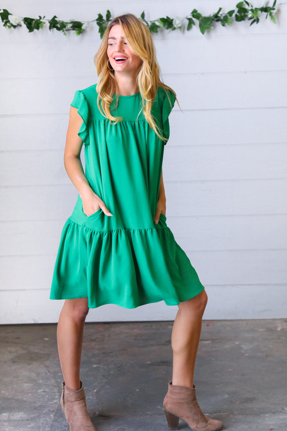 Green Yoke Poplin Woven Dress