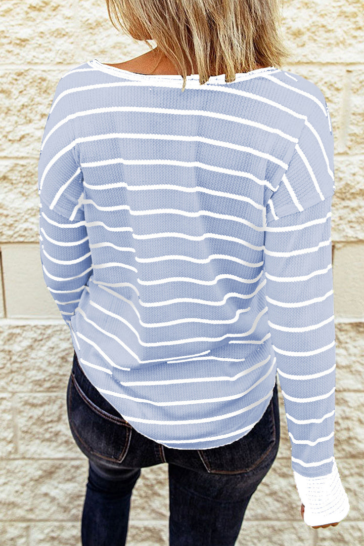 PRE-ORDER: Striped Waffle Knit Henley Long Sleeve Top