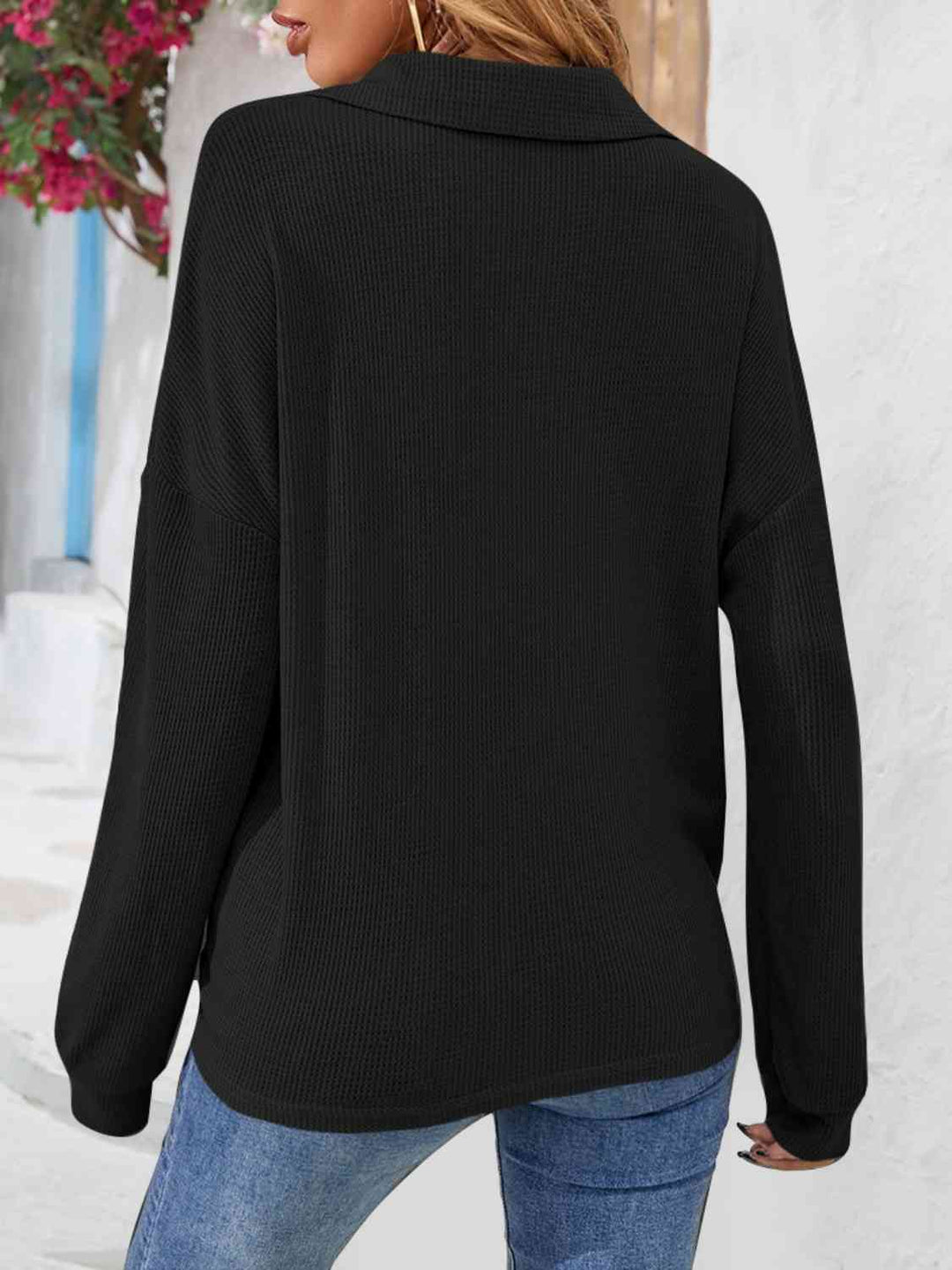 PRE-ORDER: Half Button Collared Neck Long Sleeve Top