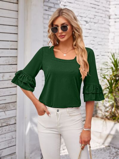 PRE-ORDER: Ruffled Suqare Neck Half Sleeve Blouse