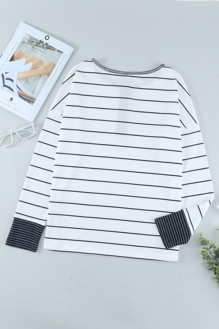 PRE-ORDER: Striped Waffle Knit Henley Long Sleeve Top