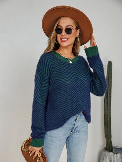 Pre-Order: Striped Round Neck Dropped Shoulder Sweater