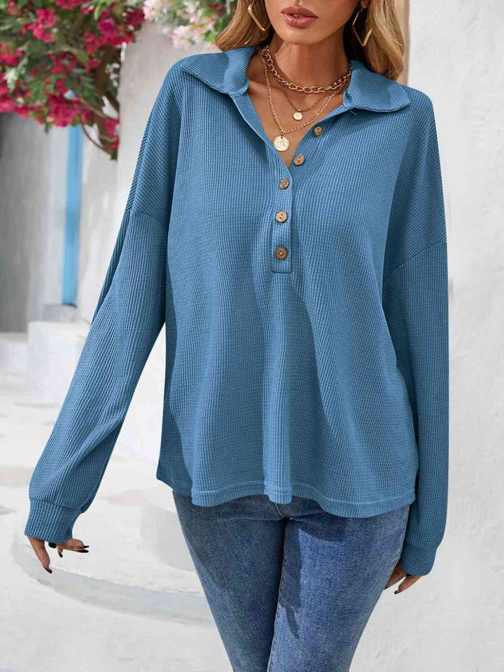 PRE-ORDER: Half Button Collared Neck Long Sleeve Top