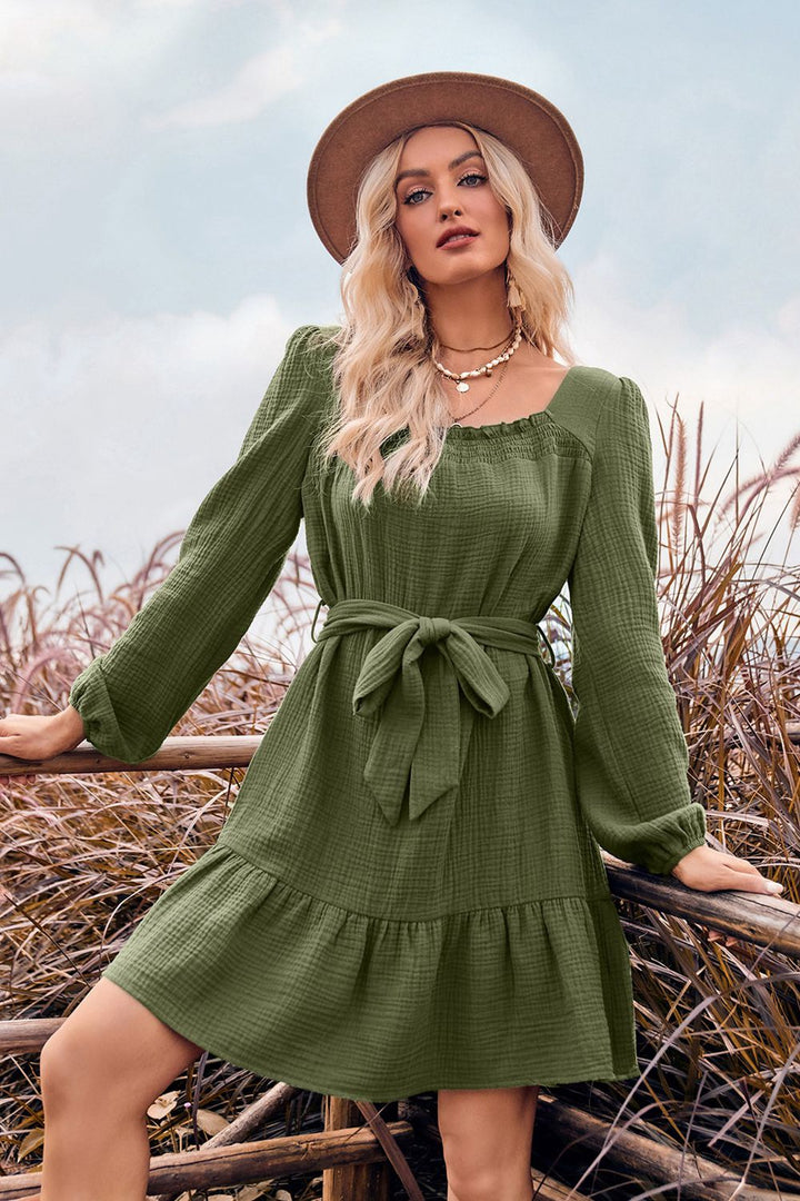 PRE-ORDER: Ruffle Trim Tie Waist Balloon Sleeve Mini Dress