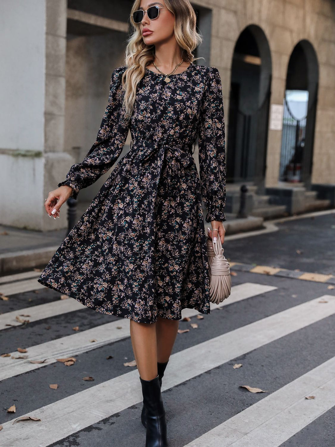 PRE-ORDER: Printed Tie Belt Balloon Sleeve Dress