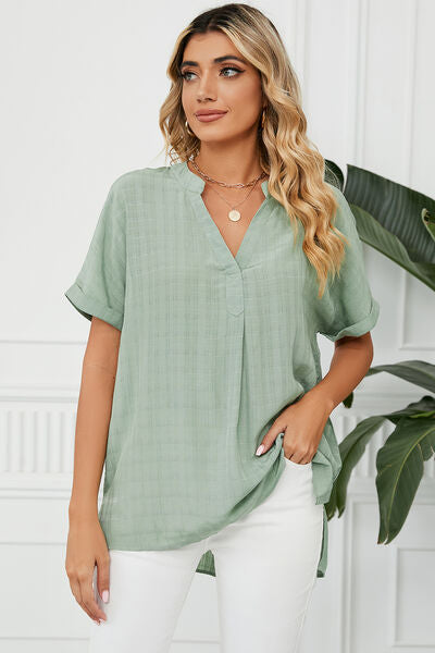 PRE-ORDER: Ruched Notched Short Sleeve Blouse