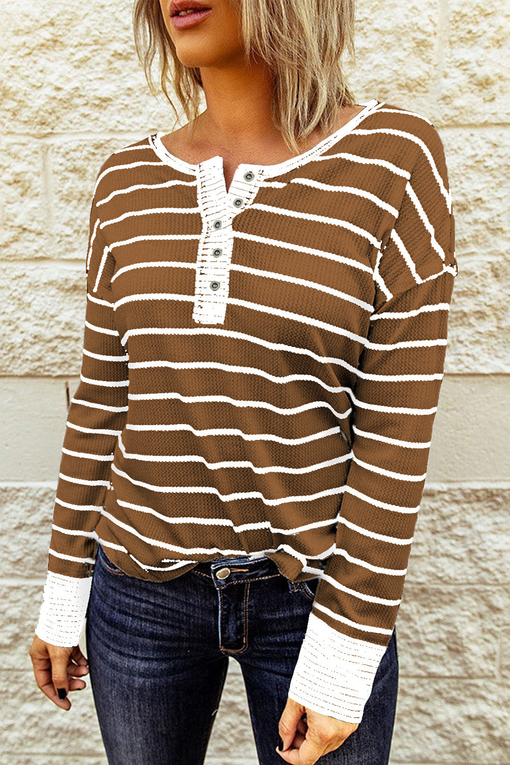 PRE-ORDER: Striped Waffle Knit Henley Long Sleeve Top