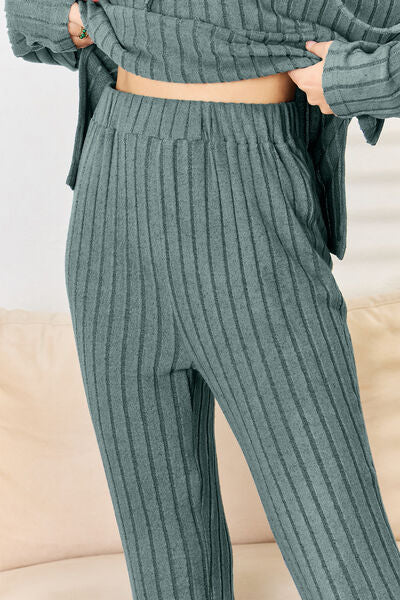 PRE-ORDER: Basic Bae Full Size Ribbed Drawstring Hood Top and Straight Pants Set