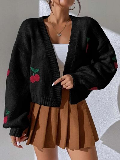 PRE-ORDER: Cherry Graphic Open Front Dropped Shoulder Cardigan