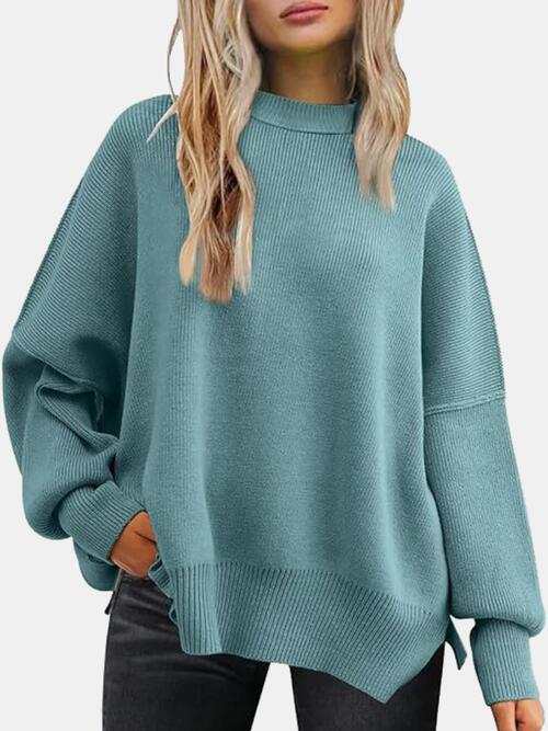 PRE-ORDER: Round Neck Drop Shoulder Slit Sweater