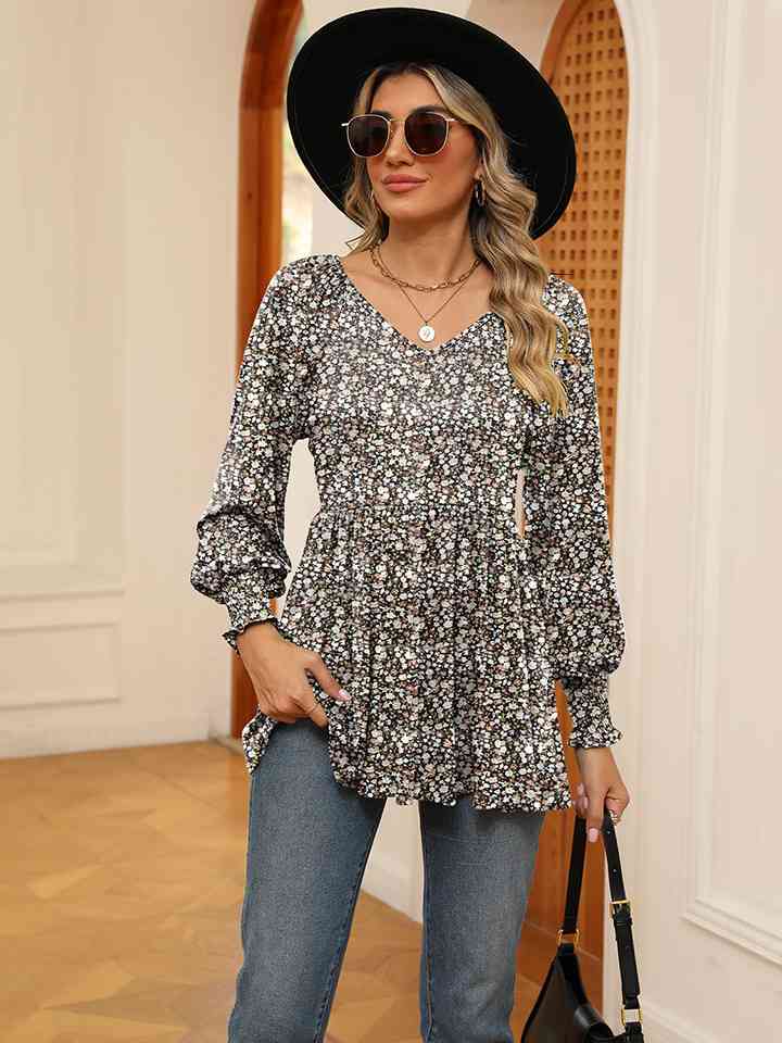 PRE-ORDER: Printed V-Neck Lantern Sleeve Blouse