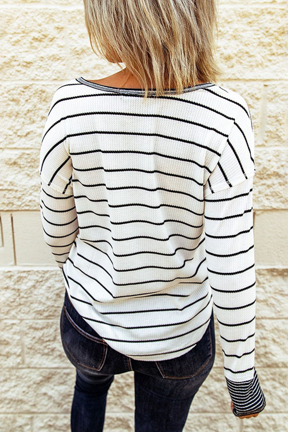 PRE-ORDER: Striped Waffle Knit Henley Long Sleeve Top