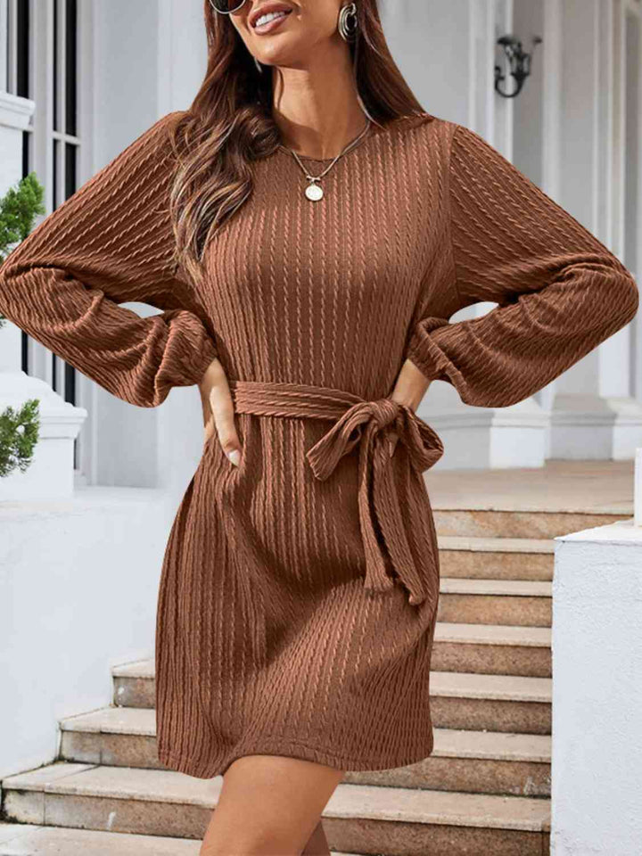 Pre-Order: Round Neck Tie Front Long Sleeve Dress