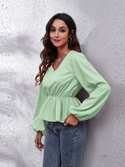 PRE-ORDER: V-Neck Balloon Sleeve Peplum Blouse