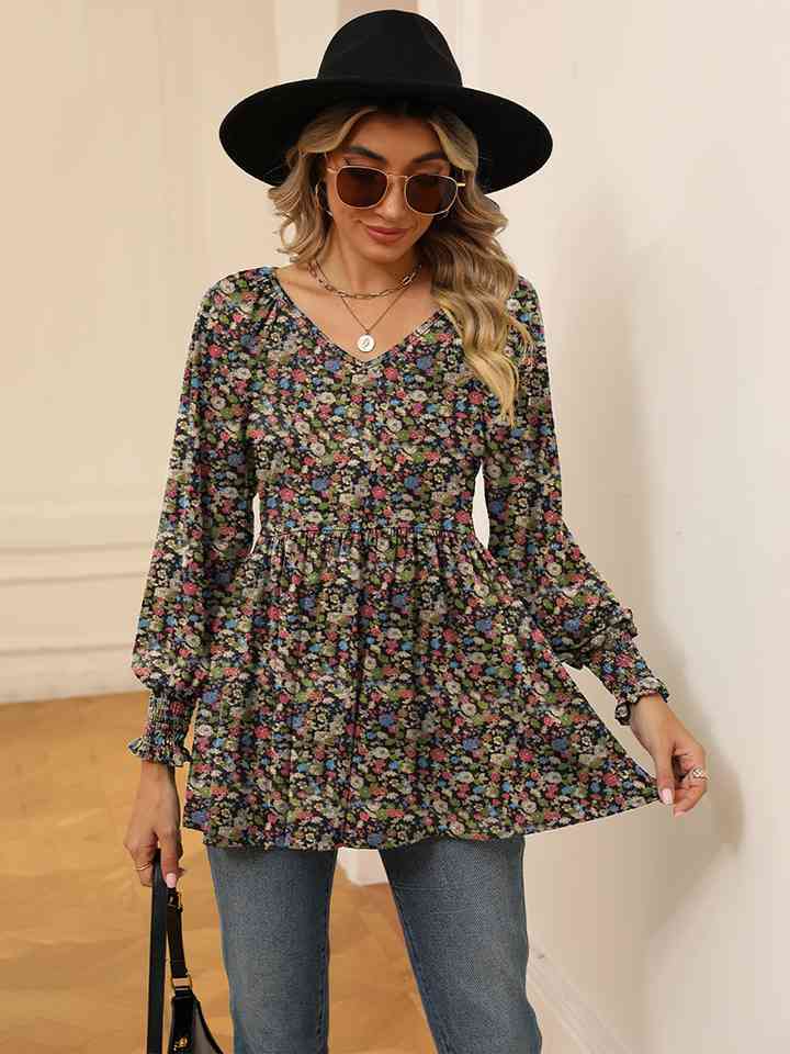 PRE-ORDER: Printed V-Neck Lantern Sleeve Blouse