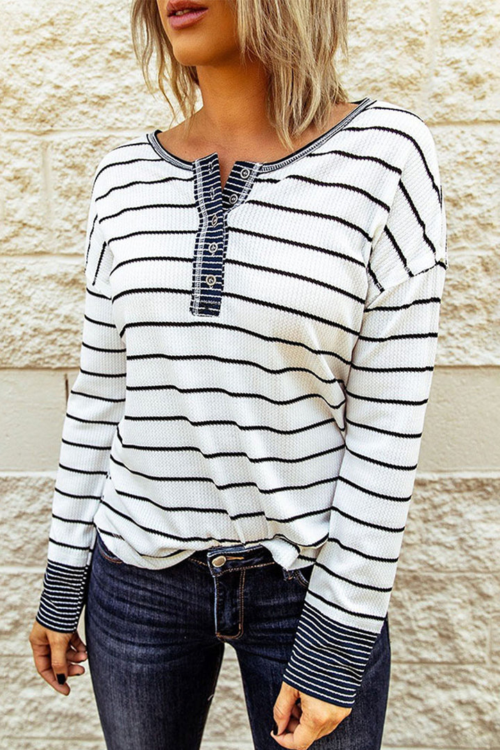 PRE-ORDER: Striped Waffle Knit Henley Long Sleeve Top