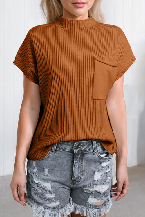 PRE-ORDER: Ribbed Mock Neck Short Sleeve Knit Top