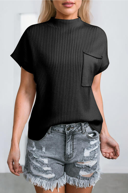 PRE-ORDER: Ribbed Mock Neck Short Sleeve Knit Top