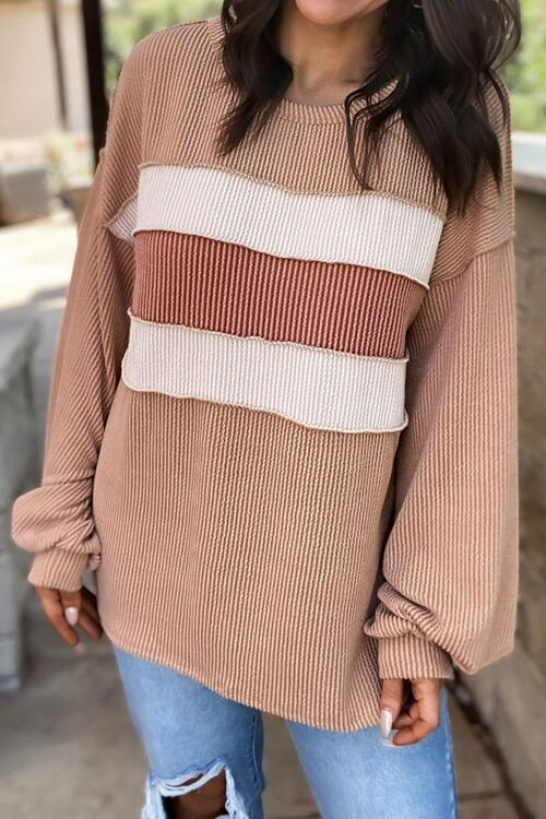 PRE-ORDER: Ribbed Color Block Exposed Seam Round Neck Blouse