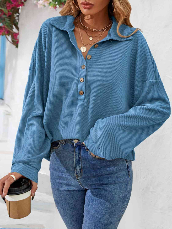 PRE-ORDER: Half Button Collared Neck Long Sleeve Top