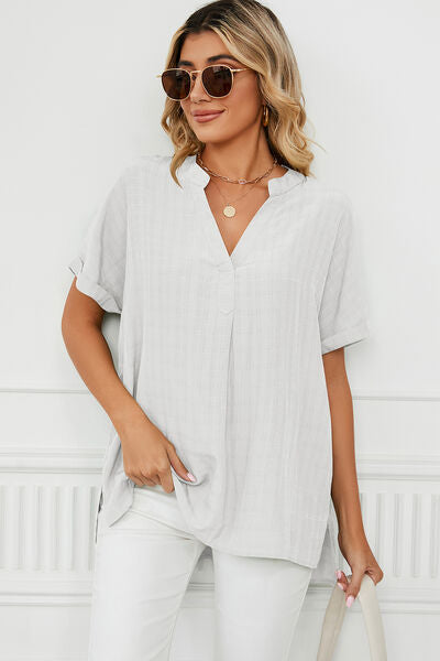 PRE-ORDER: Ruched Notched Short Sleeve Blouse