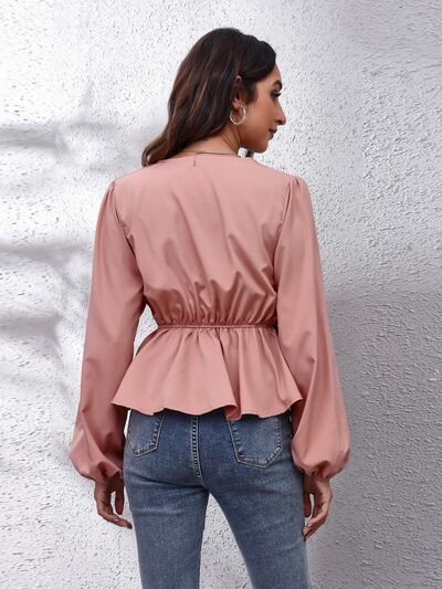 PRE-ORDER: V-Neck Balloon Sleeve Peplum Blouse