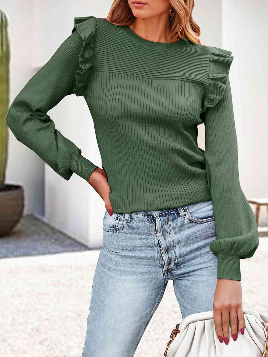 PRE-ORDER: Ribbed Ruffled Round Neck Long Sleeve Knit-Top