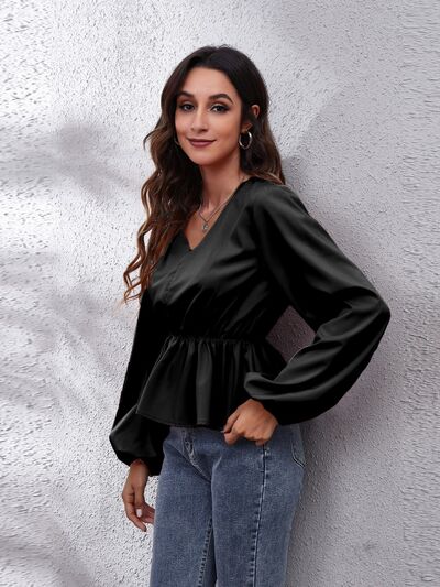 PRE-ORDER: V-Neck Balloon Sleeve Peplum Blouse