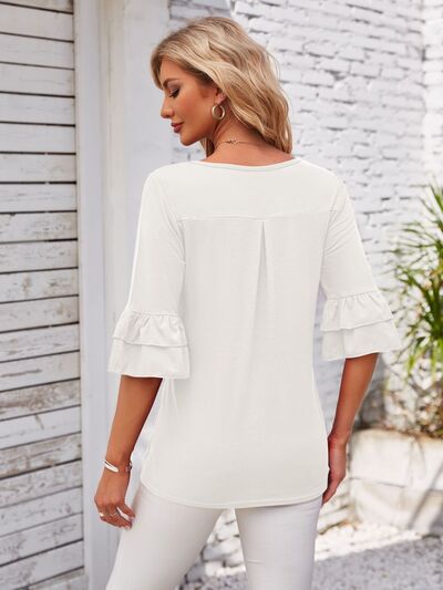 PRE-ORDER: Ruffled Suqare Neck Half Sleeve Blouse