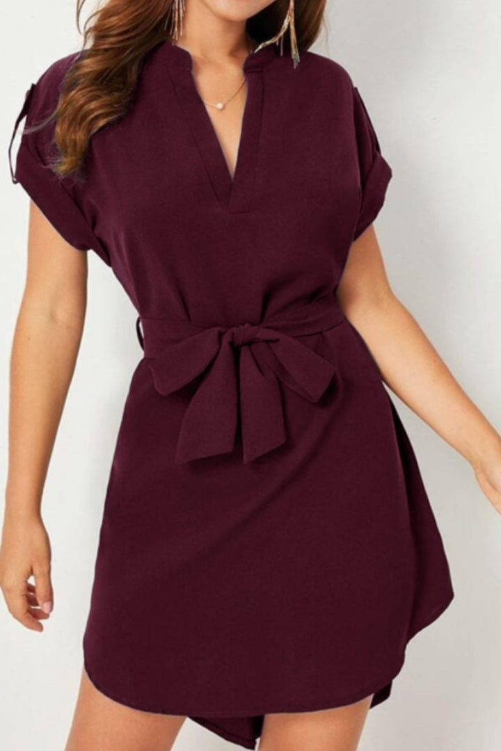 PRE-ORDER: Tied Notched Short Sleeve Dress