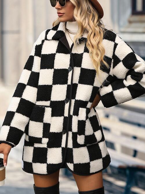 PRE-ORDER: Double Take Checkered Button Front Coat with Pockets