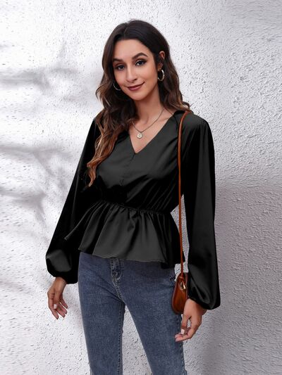 PRE-ORDER: V-Neck Balloon Sleeve Peplum Blouse