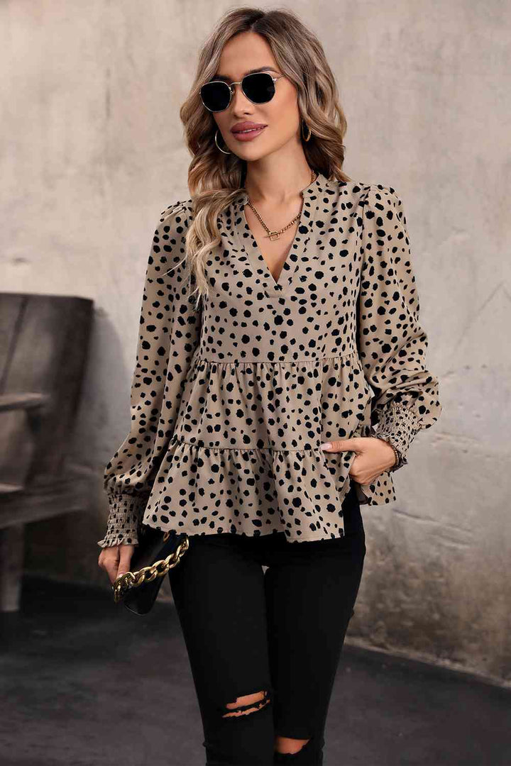 PRE-ORDER: Notched Lantern Sleeve Animal Print Tiered Top