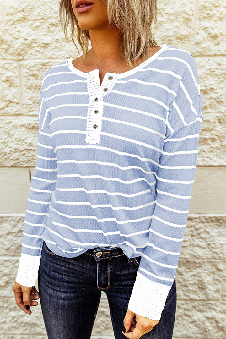 PRE-ORDER: Striped Waffle Knit Henley Long Sleeve Top