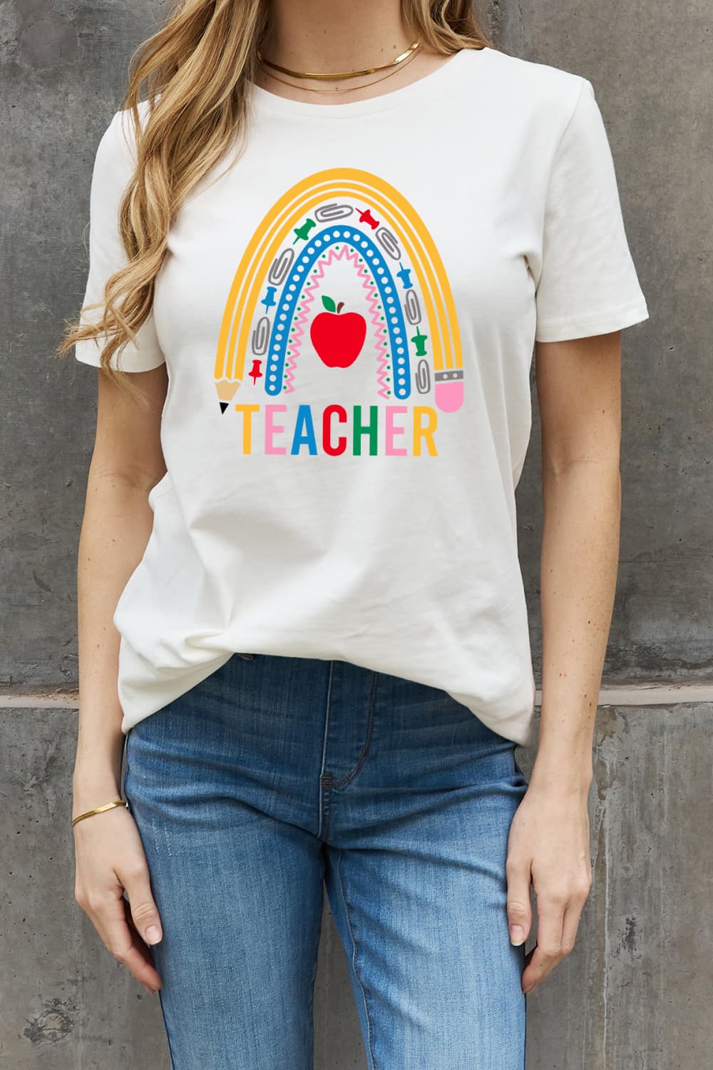 Simply Love Full Size TEACHER Rainbow Graphic Cotton Tee