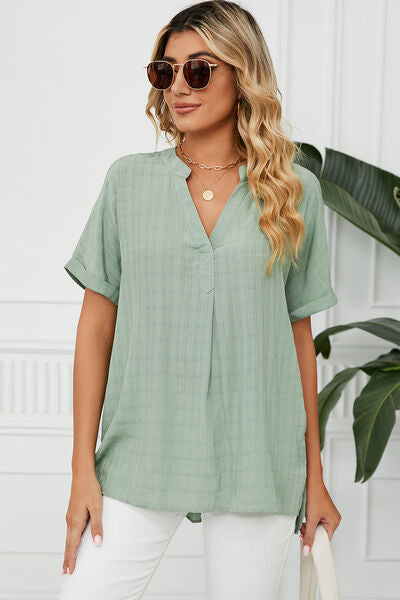 PRE-ORDER: Ruched Notched Short Sleeve Blouse