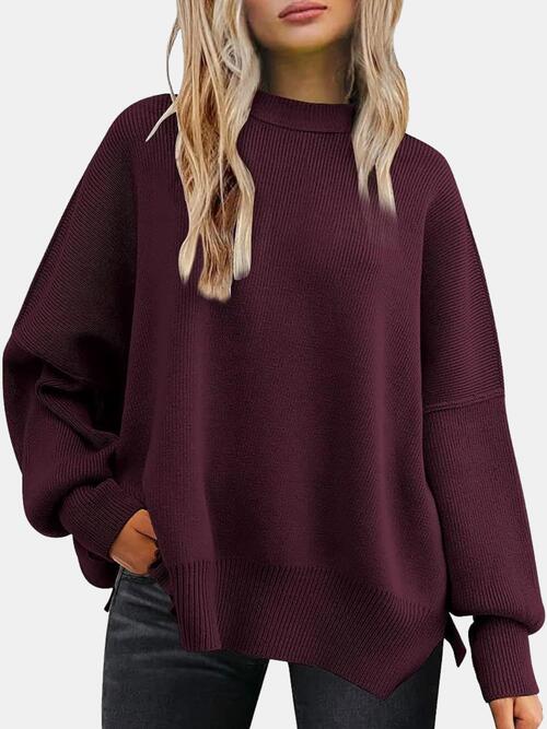 PRE-ORDER: Round Neck Drop Shoulder Slit Sweater