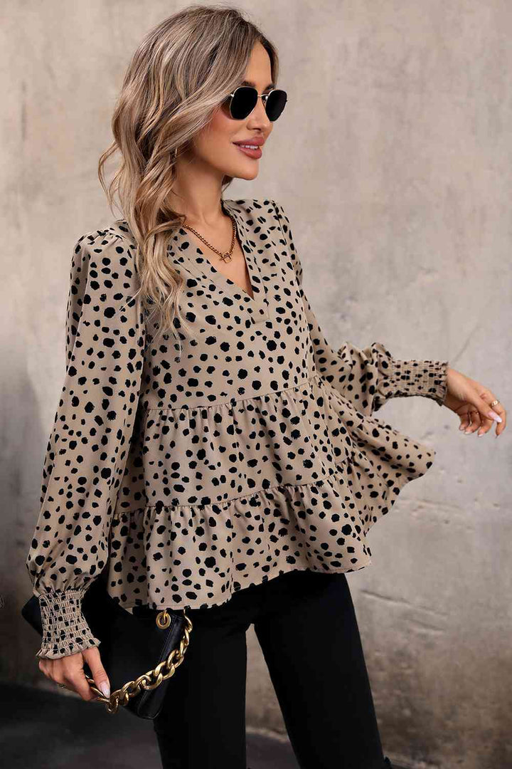 PRE-ORDER: Notched Lantern Sleeve Animal Print Tiered Top