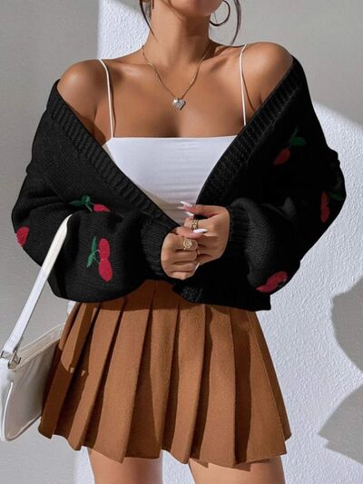 PRE-ORDER: Cherry Graphic Open Front Dropped Shoulder Cardigan