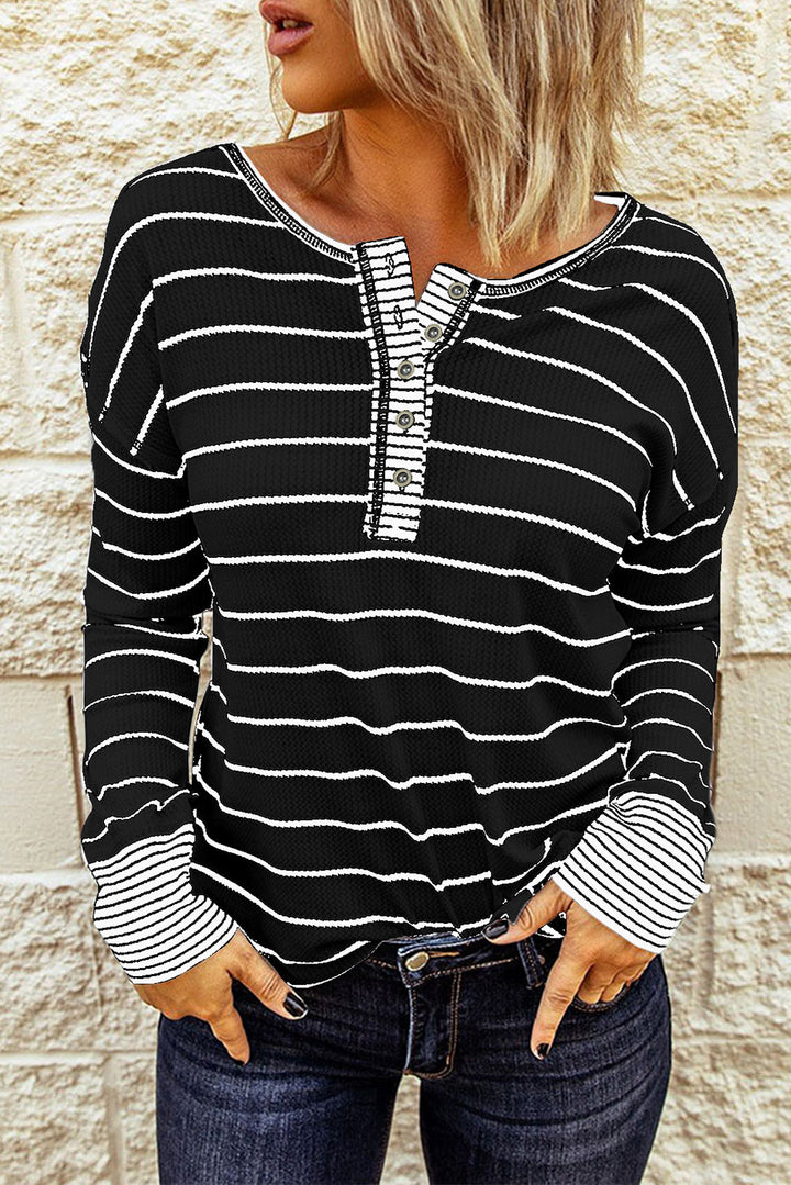 PRE-ORDER: Striped Waffle Knit Henley Long Sleeve Top