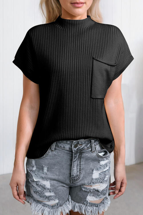 PRE-ORDER: Ribbed Mock Neck Short Sleeve Knit Top