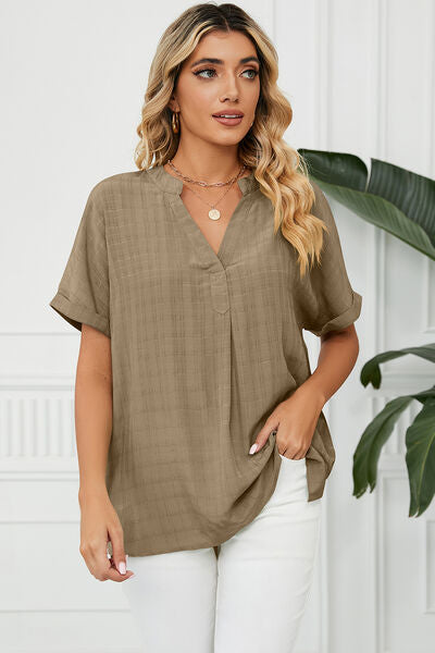 PRE-ORDER: Ruched Notched Short Sleeve Blouse